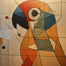 a bird is sitting inside of a colorful mosaic