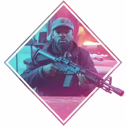 the man is holding a rifle on the floor