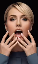 a woman wearing manicured hands and an open mouth