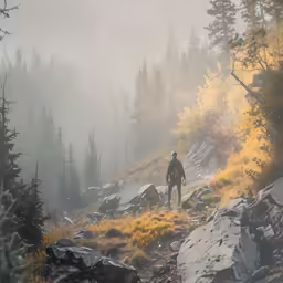 the man is walking on the grass in the forest