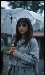 a woman in a rain coat is holding an umbrella