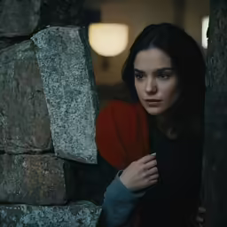 woman hiding behind stone wall in dark environment