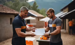 two men standing outside at a table looking at some paperwork