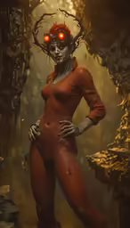an image of a woman that is wearing red lights in the woods