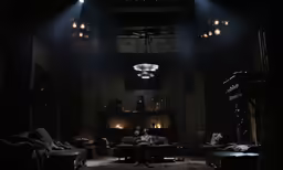man sitting in chair in large darkened room