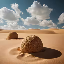 two stones sit on the sand in the middle of the desert