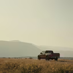 red pick up truck in the grass near mountains