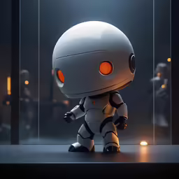 a white robot standing in front of a display case
