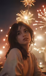 a woman standing in front of a fireworks display