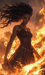 a woman standing in the middle of a fire