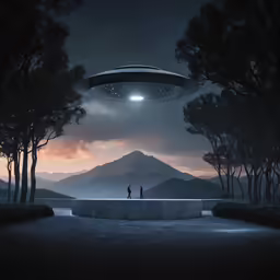 an alien flying over a city with trees and mountains
