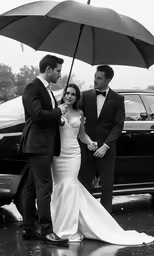 a man and woman stand under an umbrella as they laugh