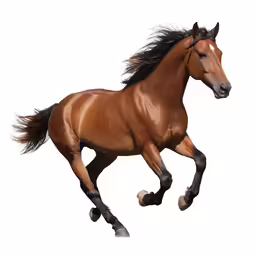 a brown horse with long mane galloping across the frame