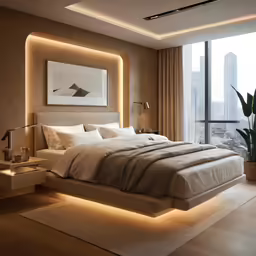 a large bed sits between two walls and has lit up lights