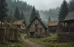 a dirt road in front of several old style houses
