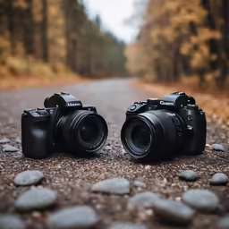 two black cameras on the side of a road with rocks
