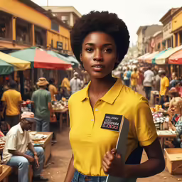 woman in a yellow shirt holding an envelope
