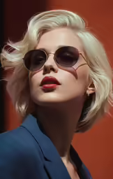 the woman is wearing sunglasses and has very bright lipstick