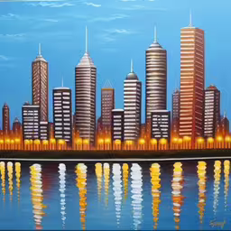 a painting of a city by the water,a painting of buildings with blue skies reflecting in water,a painting that is of a city that looks like an artwork,there is a painting of some very tall buildings by the water,a painting of a city with lights and reflections on the water