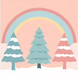 a painting of some trees with a rainbow above