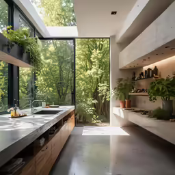 a kitchen with a lot of natural greenery and shelves full of plants