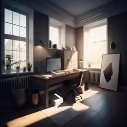 a room with several plants in pots, two desk chairs and one chair