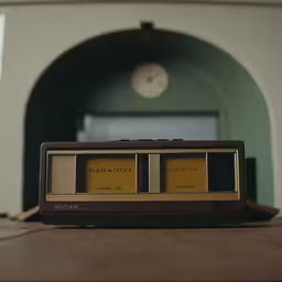 a small radio sitting on top of a wooden table