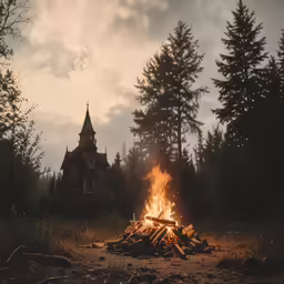fire is burning in front of a house on the edge of woods