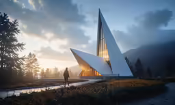 person walking on pathway near unusual architecture at dusk