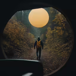 a man with a backpack walks down a dirt path in the woods through a circular mirror