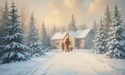 a snowy landscape with trees, a person, and a house in the background