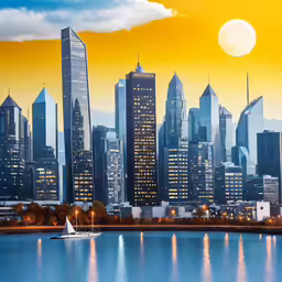 a painting of a city and the sun