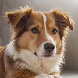 a cute brown and white dog with a sad look