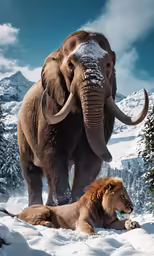 a couple of huge mammoth standing next to each other on a snow covered mountain