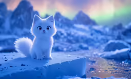 white fluffy kitty sitting on rock outside on snow