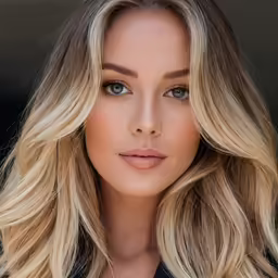 the beautiful blonde model with long hair is looking at the camera