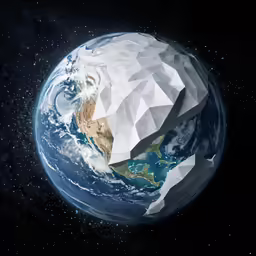a low - poly globe showing the earth with a small rocky mountain in it