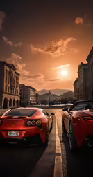 two red sports cars are parked in front of the city street