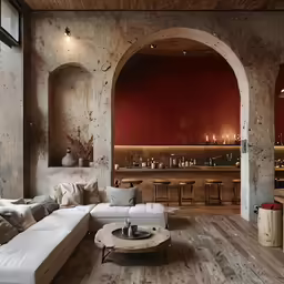an interior design and decoration with arches and wood flooring