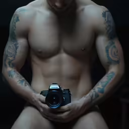a shirtless man with a camera in his hands