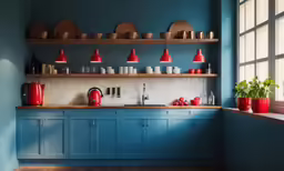 an open kitchen with various things on a shelf