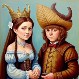 a painting of two people dressed up in renaissance costumes,a painting of two people dressed in medieval costumes