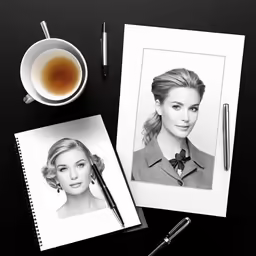 two black and white photos with pen and cup