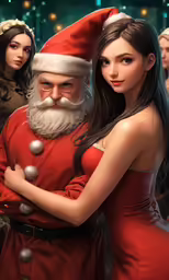 a beautiful woman in a red dress hugging a santa