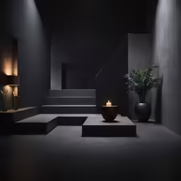 a black room with stairs and candle lit steps