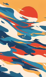 a painting of some water waves with an orange sun