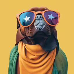 a dog wearing glasses and a scarf