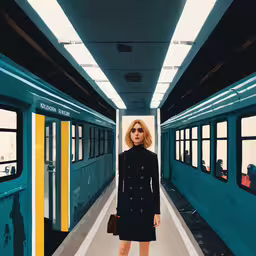 the woman is standing in a corridor between train and subway,a woman is standing at the train station looking back