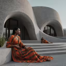 a woman in orange sits on the edge of concrete steps