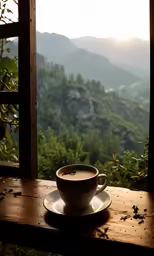 a white cup and saucer with a saucer on it on a table overlooking a landscape
